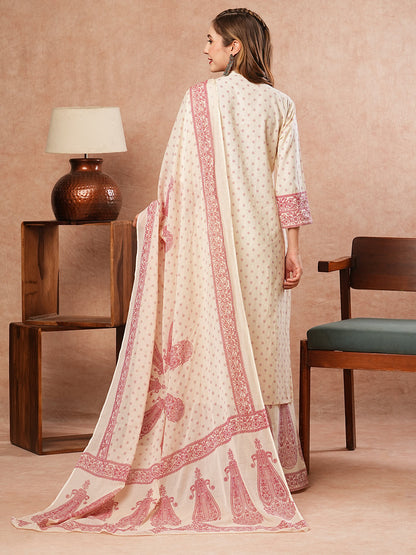 Ethnic Printed Mirror Embroidered Kurta with Flared Pants & Dupatta - Off White