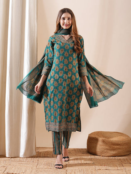 Ethnic Block Printed Sequins Embellished Kurta with Pants & Block Print Dupatta - Teal