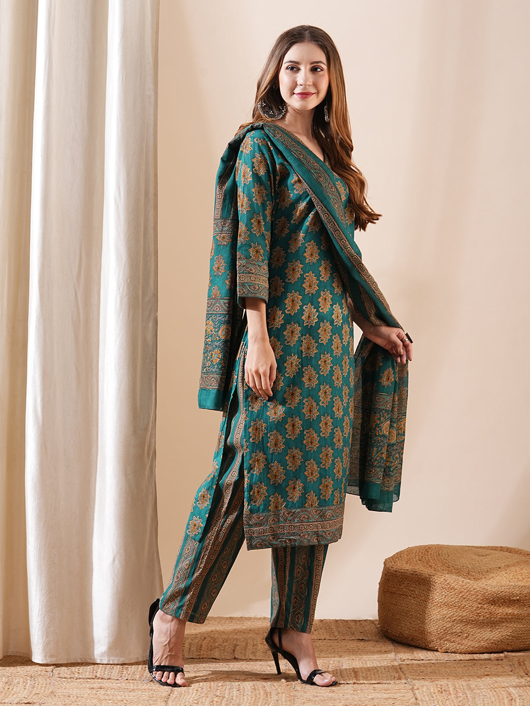 Ethnic Block Printed Sequins Embellished Kurta with Pants & Block Print Dupatta - Teal