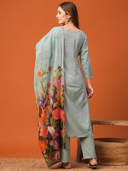 Cutwork Floral Embroidered Kurta with Pant & Pure Cotton Floral Dupatta - Powder Blue