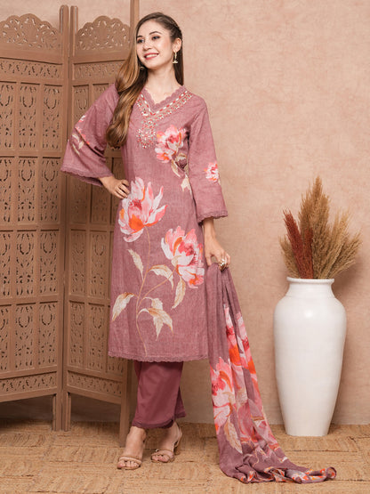 Abstract Floral Printed & Embroidered Kurta with Pant & Dupatta - Mauve