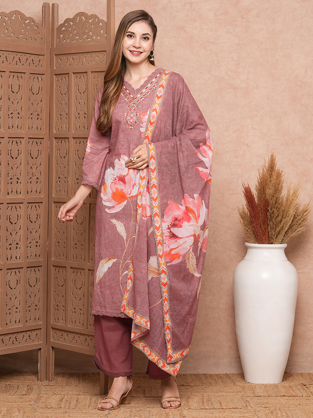 Abstract Floral Printed & Embroidered Kurta with Pant & Dupatta - Mauve