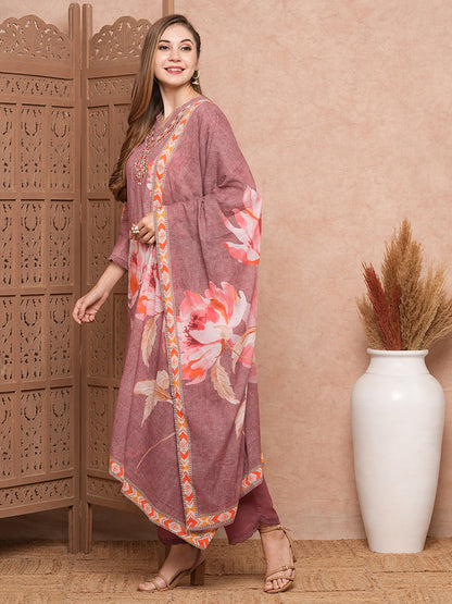 Abstract Floral Printed & Embroidered Kurta with Pant & Dupatta - Mauve