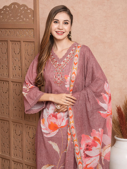 Abstract Floral Printed & Embroidered Kurta with Pant & Dupatta - Mauve