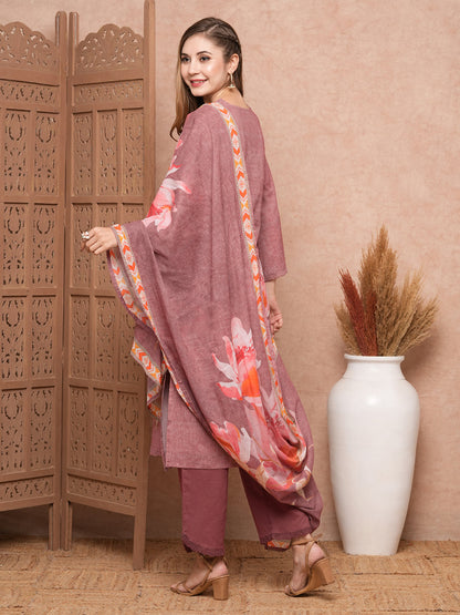 Abstract Floral Printed & Embroidered Kurta with Pant & Dupatta - Mauve