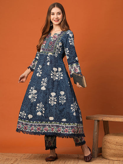 Ethnic Block Printed & Embroidered Anarkali & Kurta with Pant - Indigo