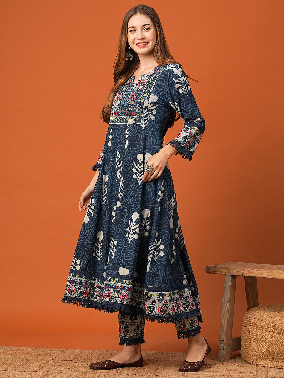 Ethnic Block Printed & Embroidered Anarkali & Kurta with Pant - Indigo