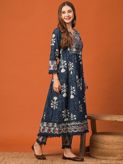 Ethnic Block Printed & Embroidered Anarkali & Kurta with Pant - Indigo