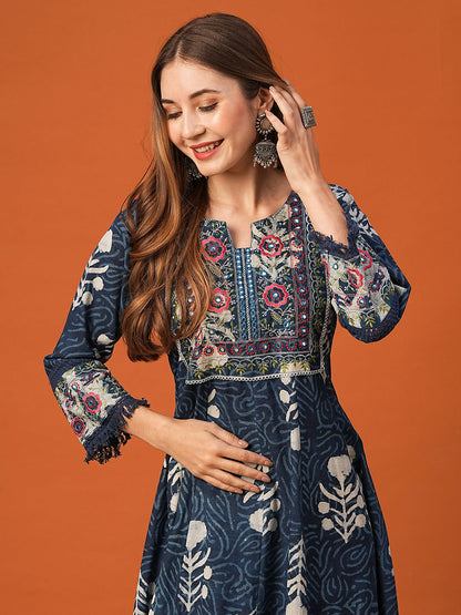 Ethnic Block Printed & Embroidered Anarkali & Kurta with Pant - Indigo