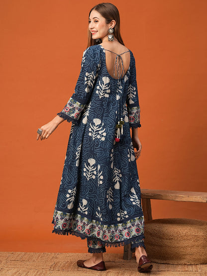 Ethnic Block Printed & Embroidered Anarkali & Kurta with Pant - Indigo