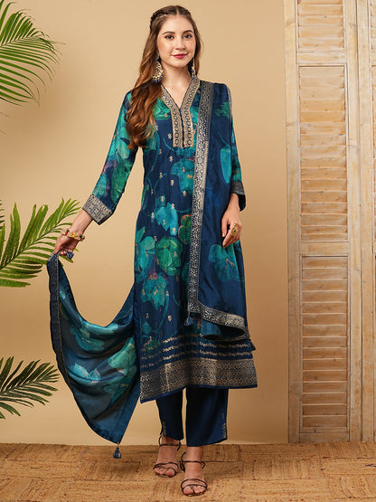 Ethnic Zari Embroidered Straight Kurta with Pant & Floral Printed Dupatta - Blue