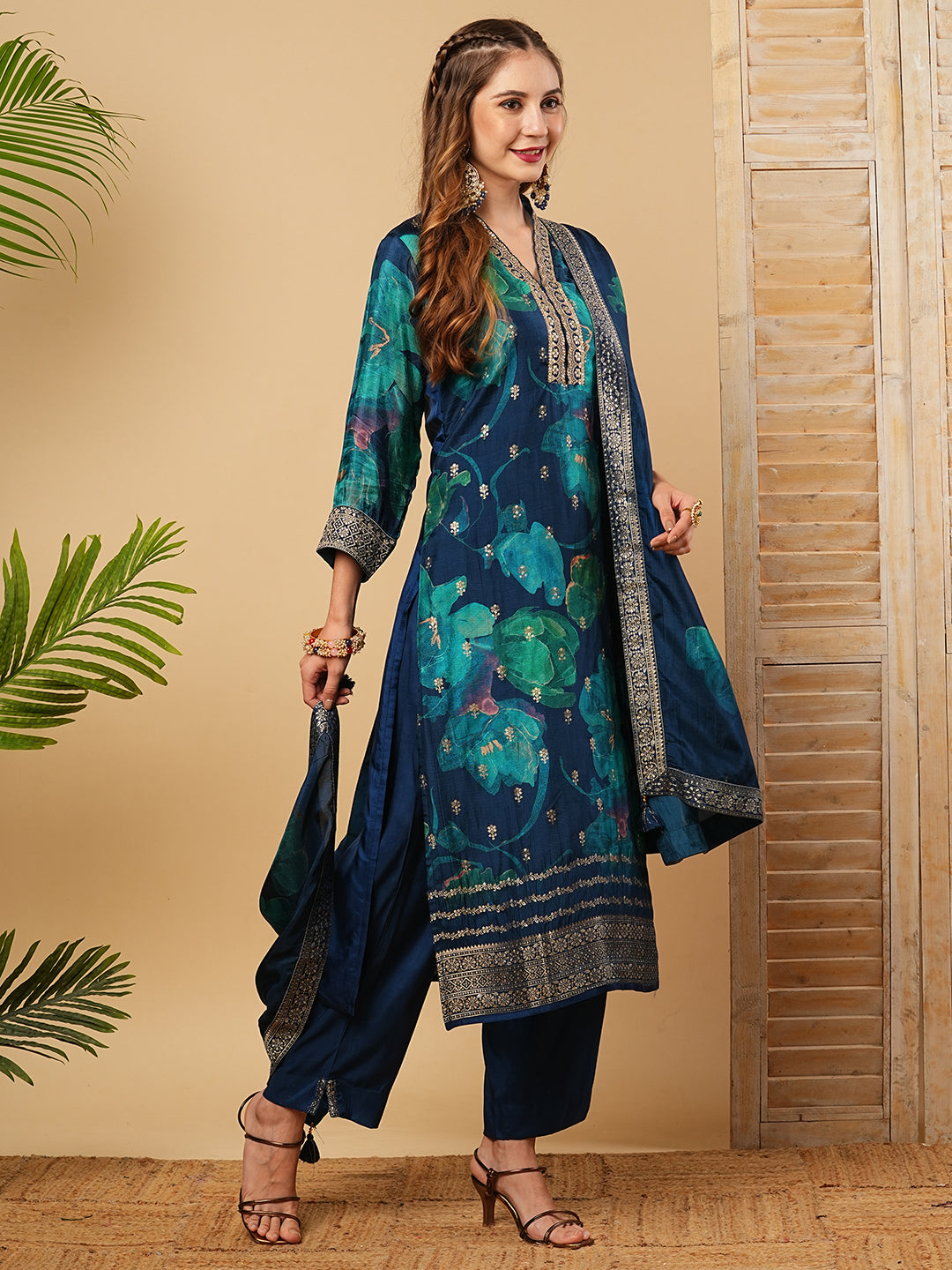 Ethnic Zari Embroidered Straight Kurta with Pant & Floral Printed Dupatta - Blue