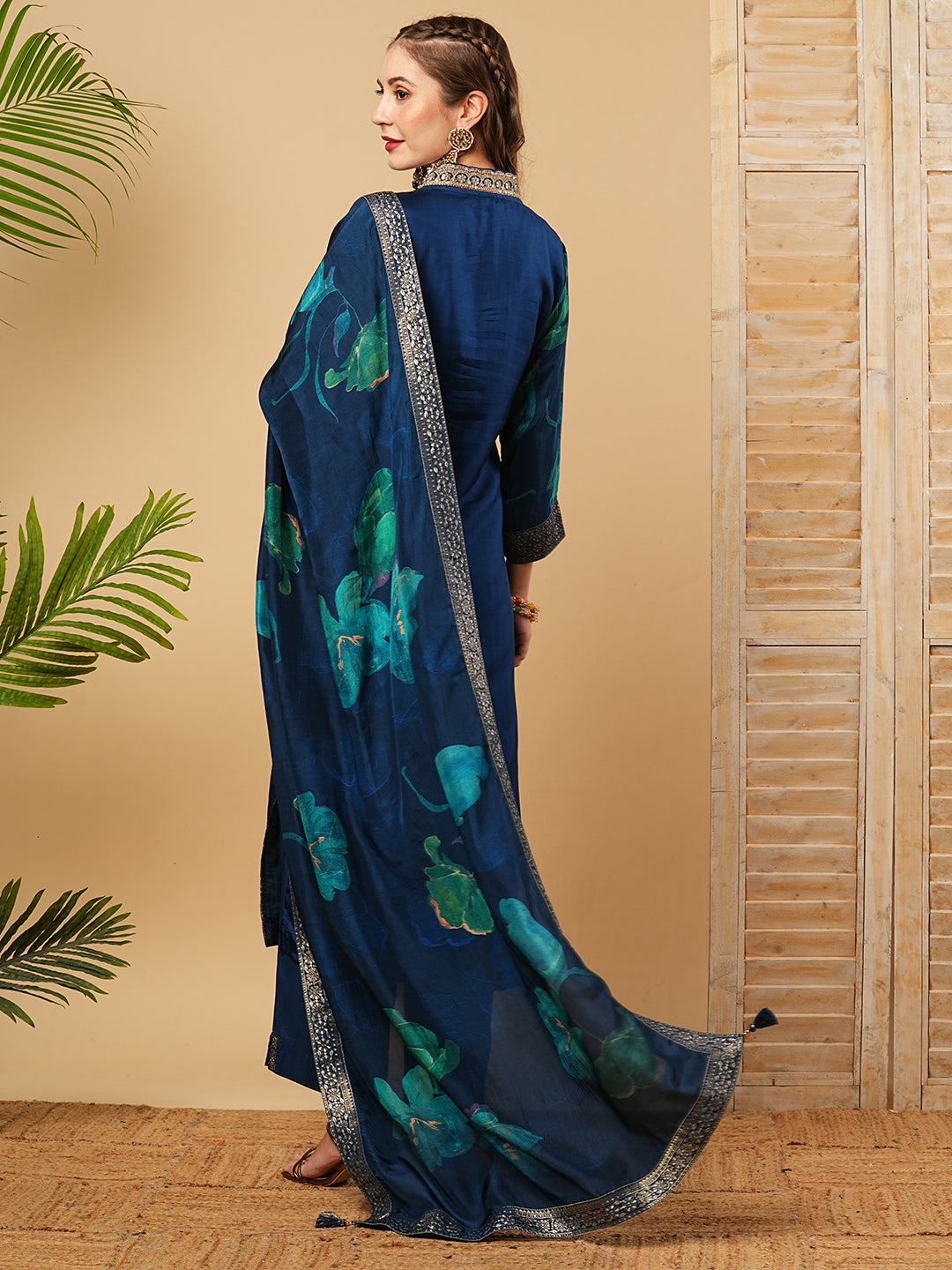 Ethnic Zari Embroidered Straight Kurta with Pant & Floral Printed Dupatta - Blue