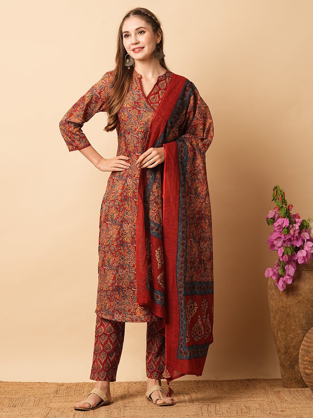 Ethnic Printed Angrakha Style Straight Kurta with Pant & Dupatta - Brown