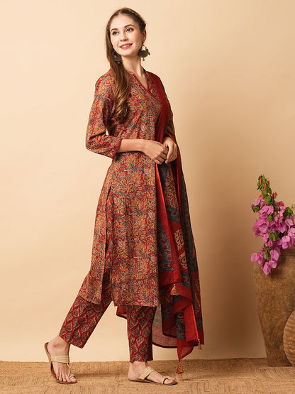 Ethnic Printed Angrakha Style Straight Kurta with Pant & Dupatta - Brown