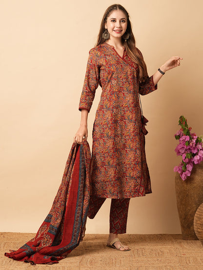 Ethnic Printed Angrakha Style Straight Kurta with Pant & Dupatta - Brown