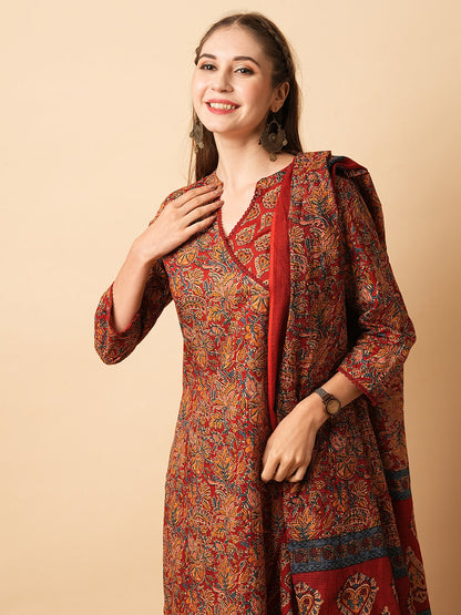 Ethnic Printed Angrakha Style Straight Kurta with Pant & Dupatta - Brown