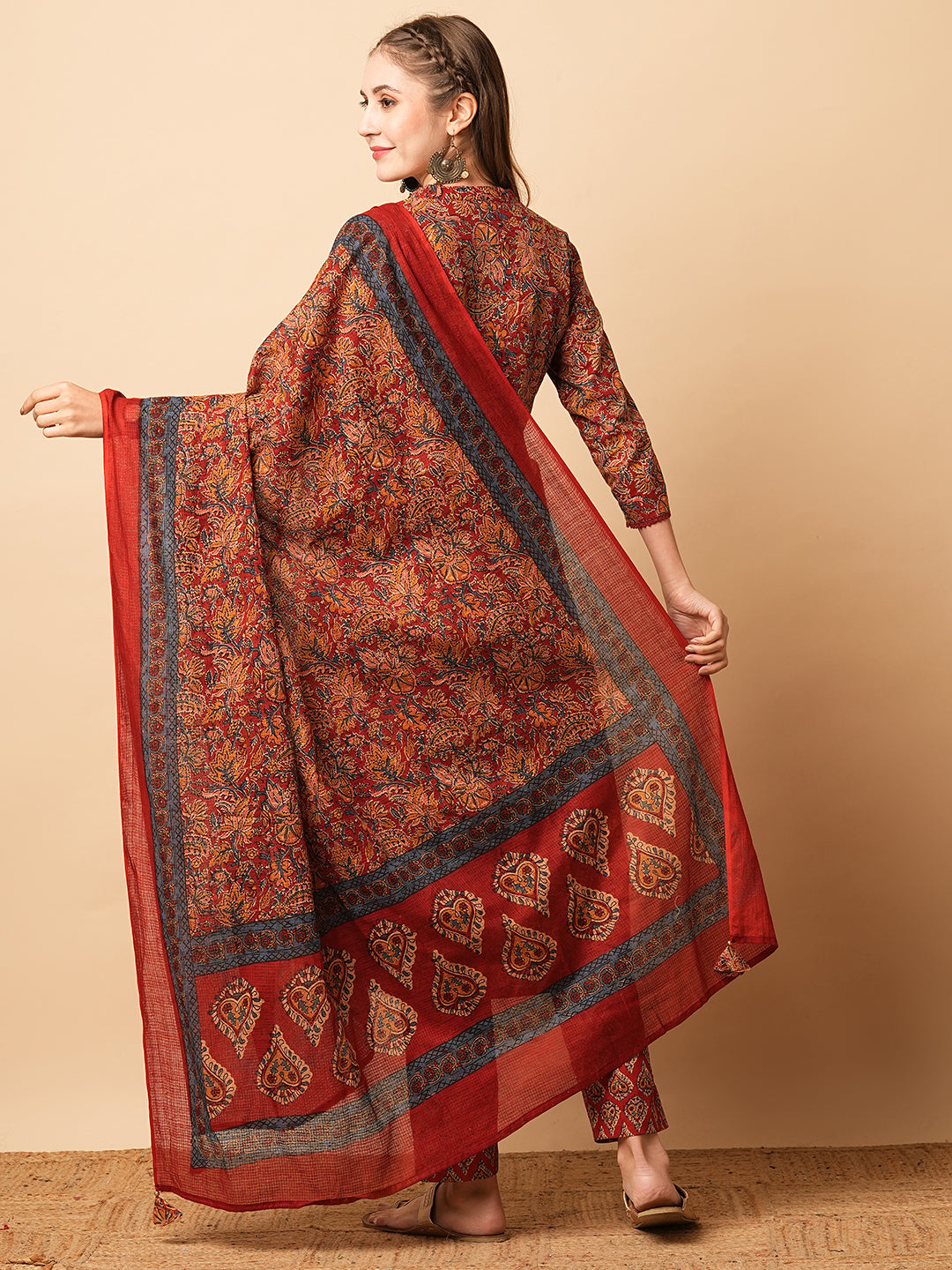 Ethnic Printed Angrakha Style Straight Kurta with Pant & Dupatta - Brown