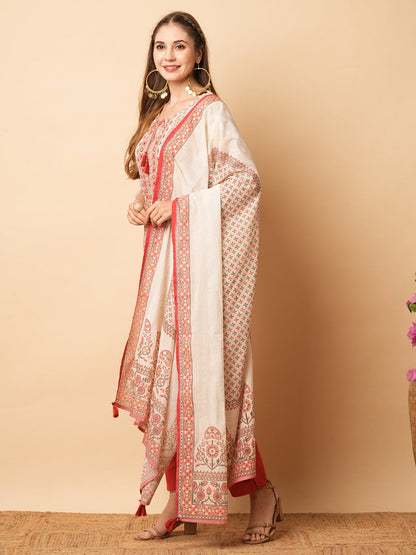 Ethnic Printed Mirror Embroidered Cotton Mul Kurta with Pants & Dupatta - off White