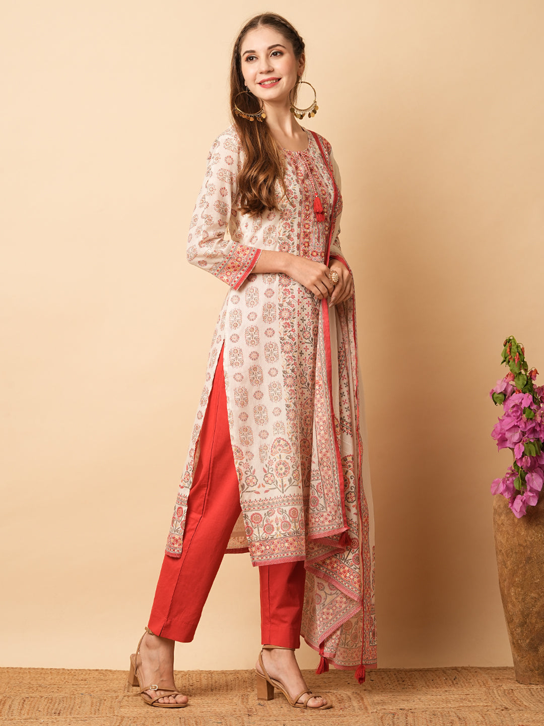 Ethnic Printed Mirror Embroidered Cotton Mul Kurta with Pants & Dupatta - off White