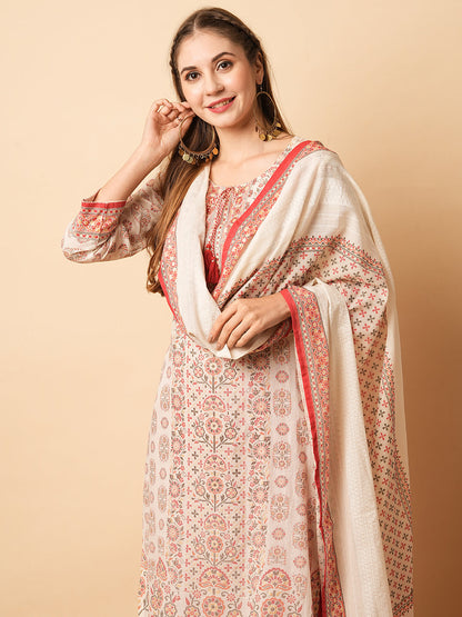 Ethnic Printed Mirror Embroidered Cotton Mul Kurta with Pants & Dupatta - off White