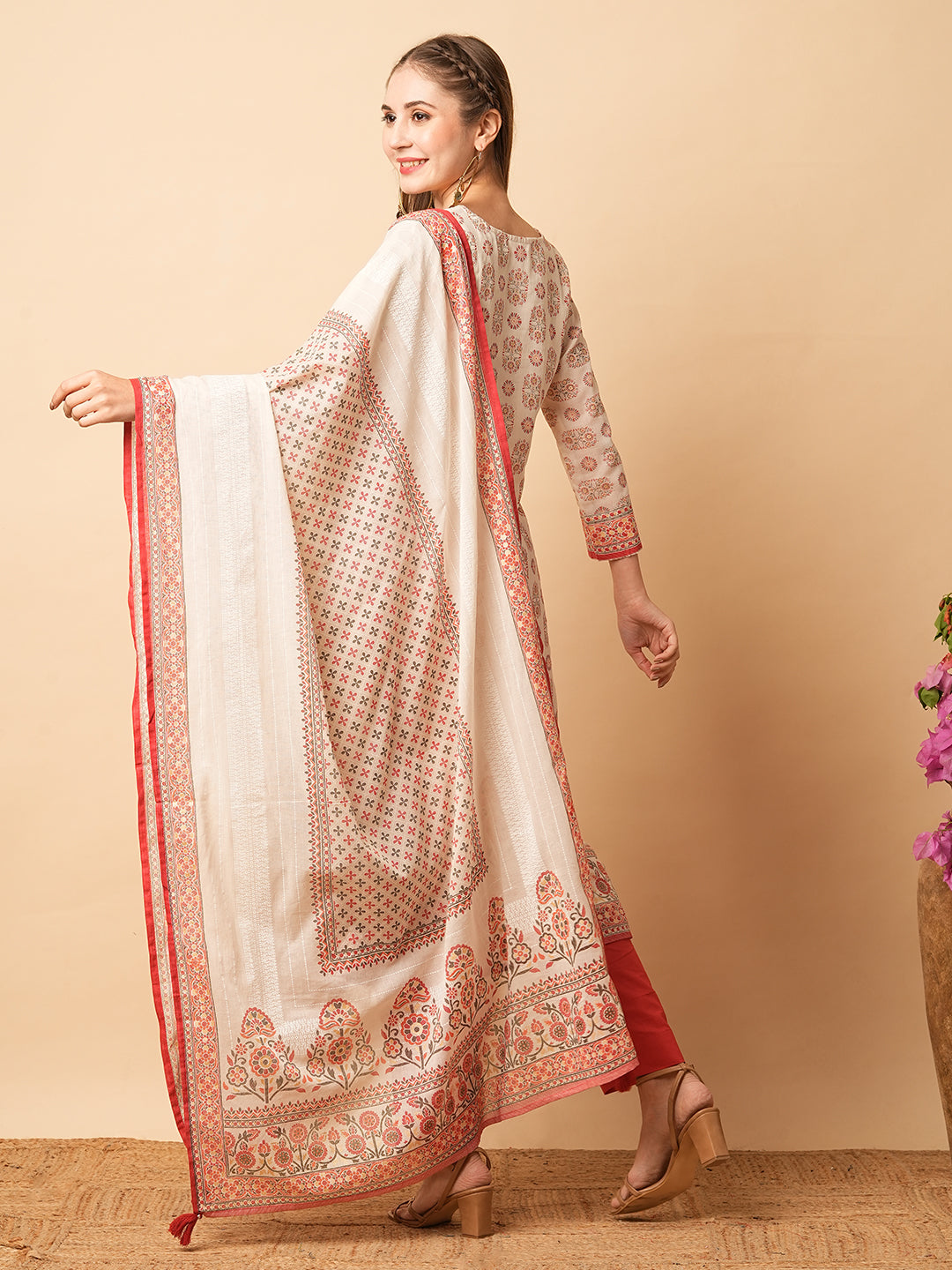 Ethnic Printed Mirror Embroidered Cotton Mul Kurta with Pants & Dupatta - off White