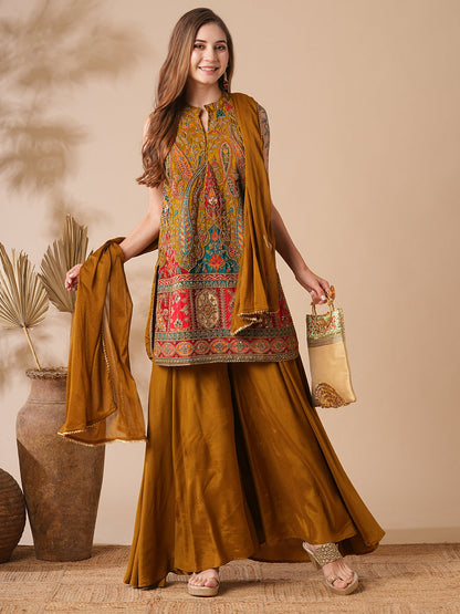 Ethnic Printed Zari Dori & Sequins Embroidered Kurti with Sharara & Dupatta - Mustard