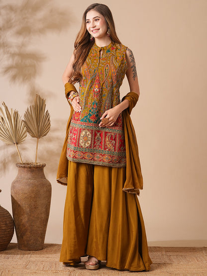 Ethnic Printed Zari Dori & Sequins Embroidered Kurti with Sharara & Dupatta - Mustard