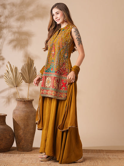 Ethnic Printed Zari Dori & Sequins Embroidered Kurti with Sharara & Dupatta - Mustard