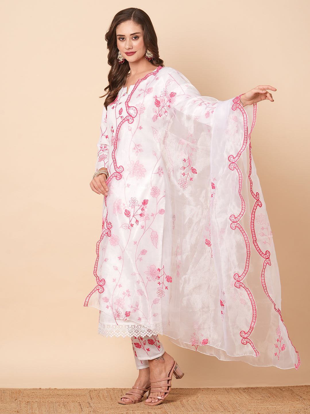 Dobby Design Resham & Applique Embroidered Kurta with Pants & Dupatta - White