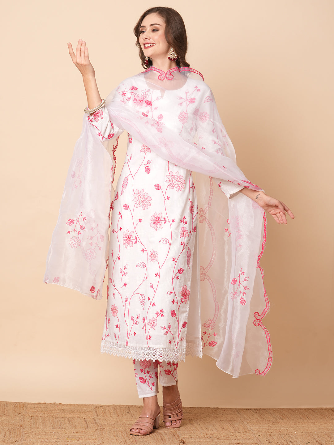 Dobby Design Resham & Applique Embroidered Kurta with Pants & Dupatta - White