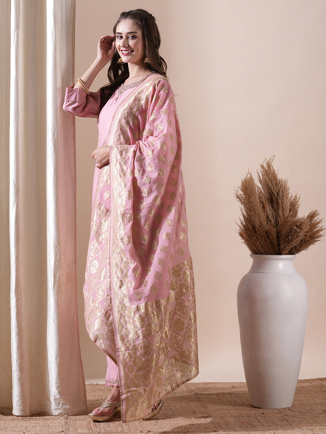 Ethnic Hand Embroidered Straight Fit Kurta with Pant and Brocade Dupatta - Pink