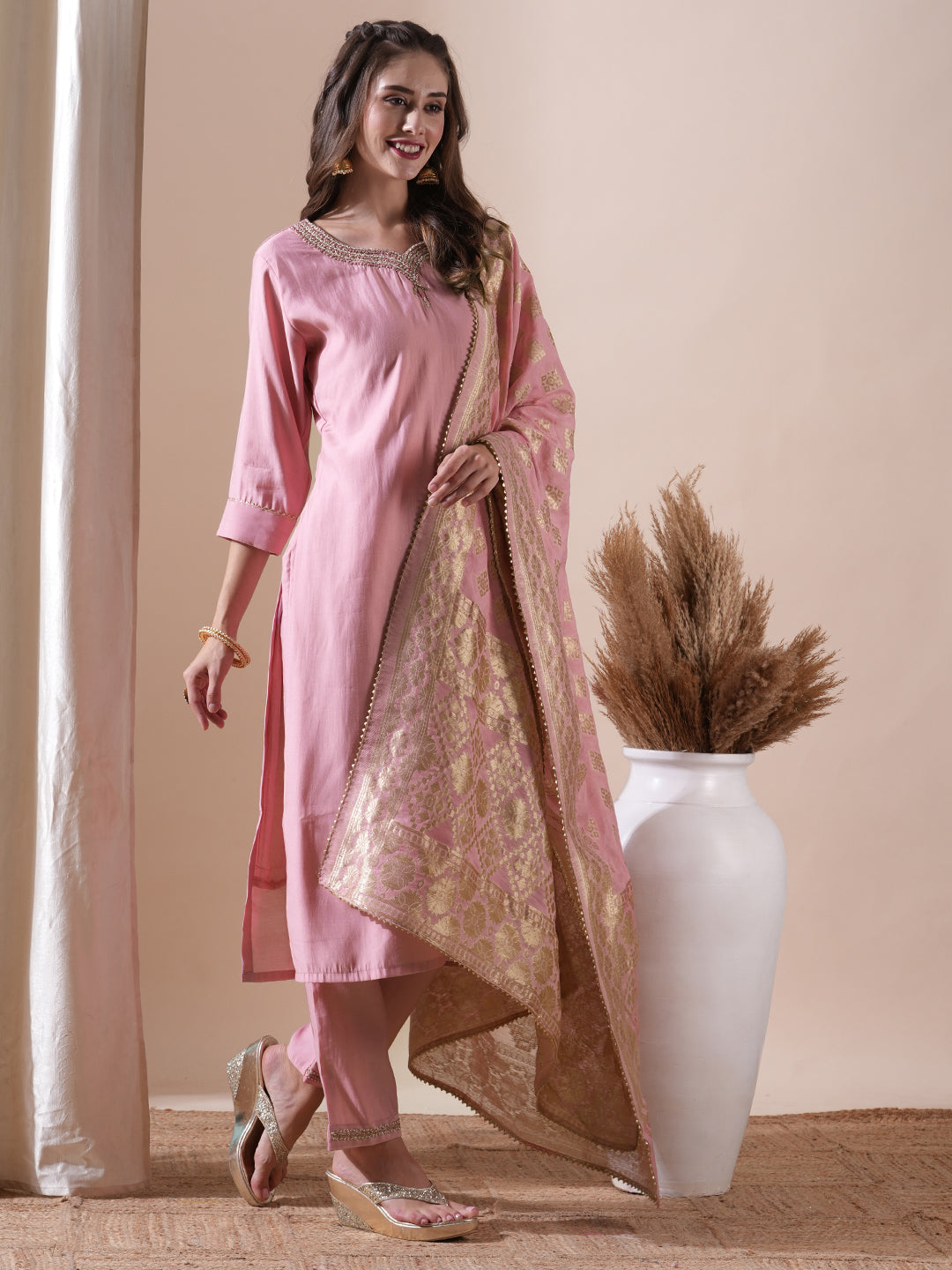 Ethnic Hand Embroidered Straight Fit Kurta with Pant and Brocade Dupatta - Pink