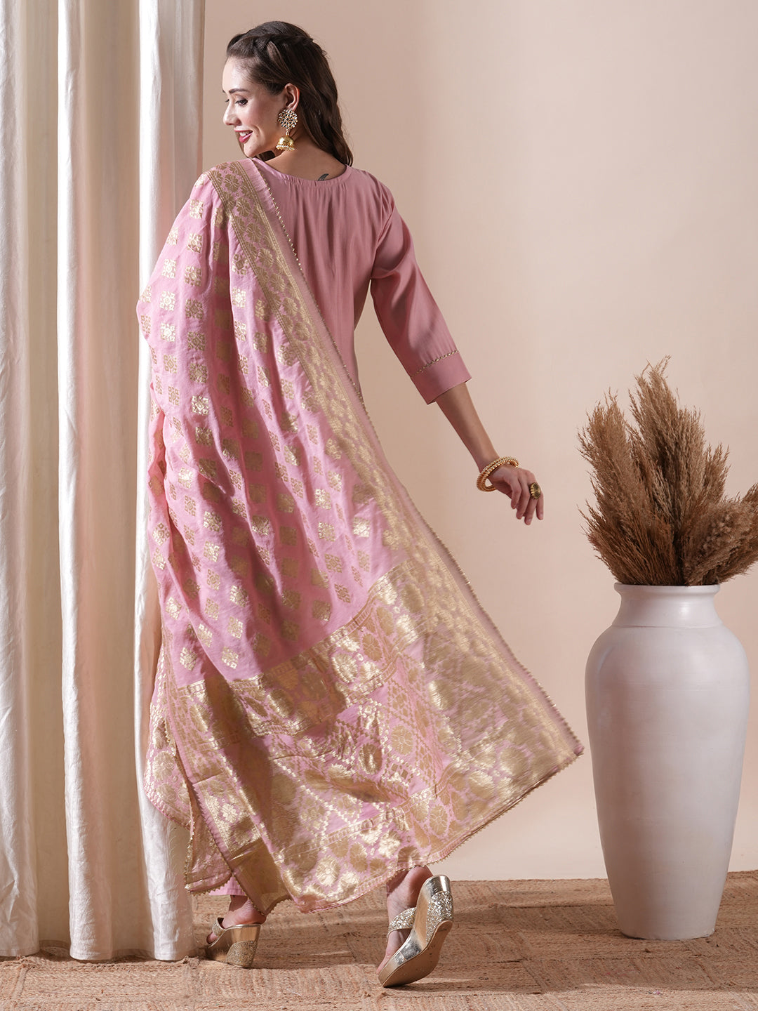 Ethnic Hand Embroidered Straight Fit Kurta with Pant and Brocade Dupatta - Pink