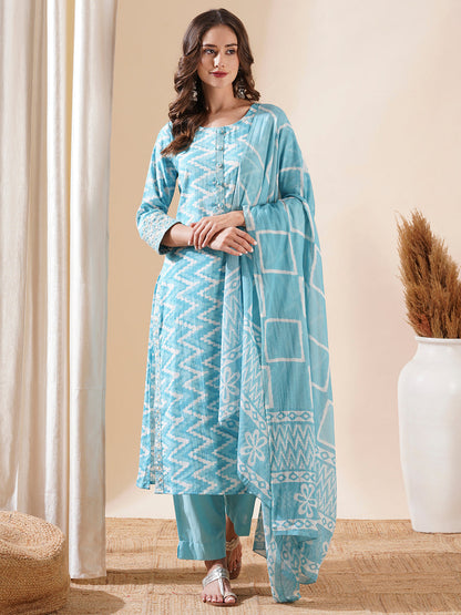 Chevron Printed Mirror Embroidered Kurta with Pants & Dupatta - Sky Blue