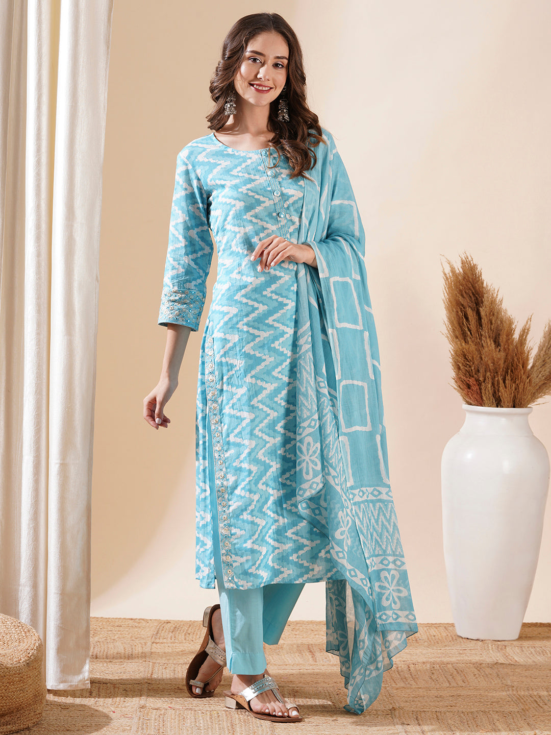 Chevron Printed Mirror Embroidered Kurta with Pants & Dupatta - Sky Blue