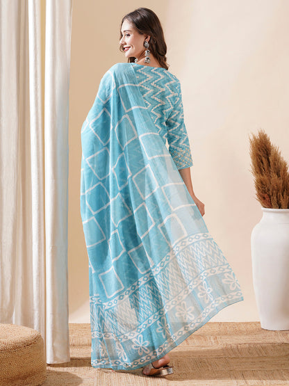 Chevron Printed Mirror Embroidered Kurta with Pants & Dupatta - Sky Blue