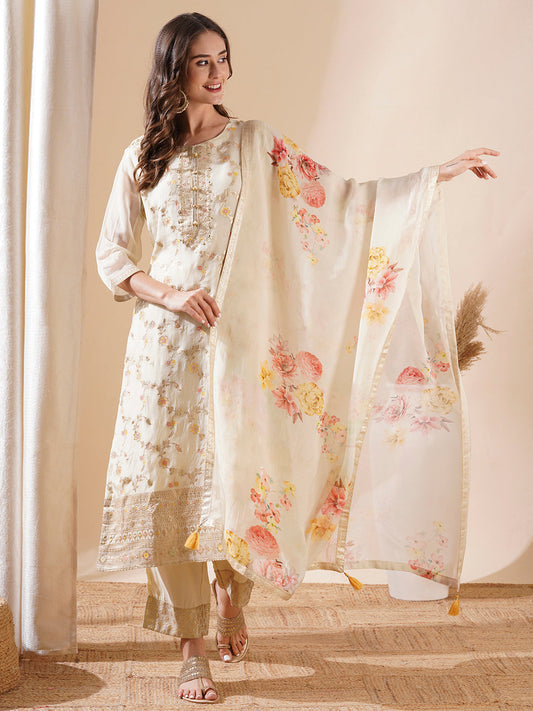 Floral Jacquard Beads & Tikki Embellished & Kurta with Pants & Dupatta - Cream