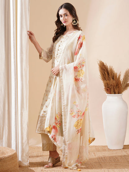 Floral Jacquard Beads & Tikki Embellished & Kurta with Pants & Dupatta - Cream