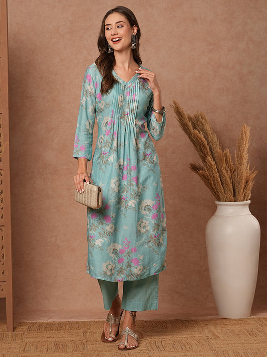 Floral Printed & Embroidered Straight Fit Kuta with Pant - Blue