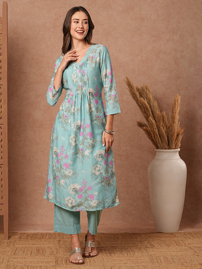 Floral Printed & Embroidered Straight Fit Kuta with Pant - Blue