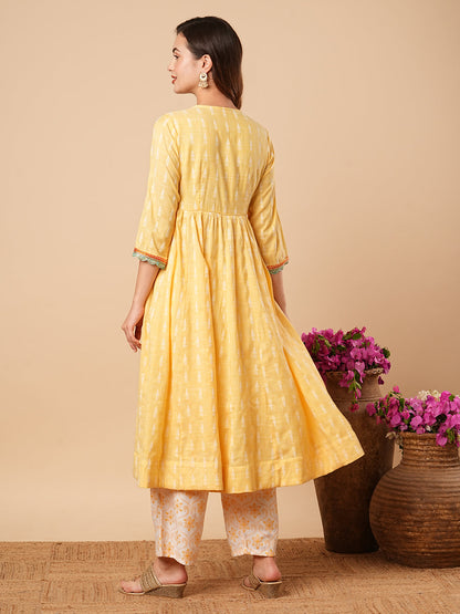 Ethnic Dobby Woven & Embroidered A-Line Pleated Kurta with Palazzo - Yellow