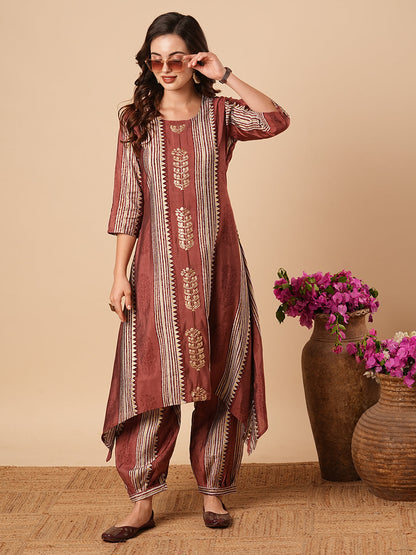 Floral & Stripes Printed zari Embroidered Asymmetric Kurta with Salwar Pants - Rose Gold