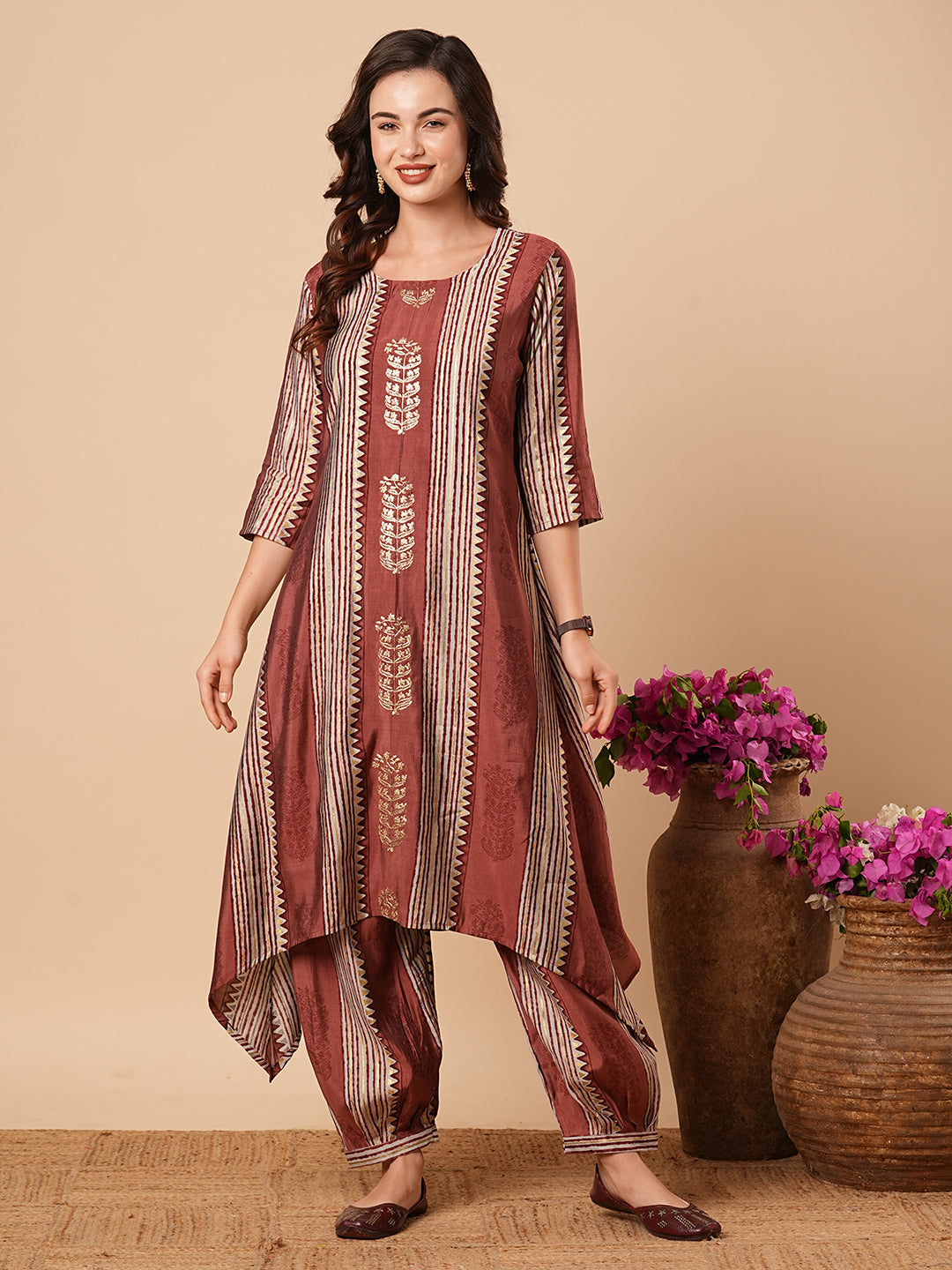 Floral & Stripes Printed zari Embroidered Asymmetric Kurta with Salwar Pants - Rose Gold