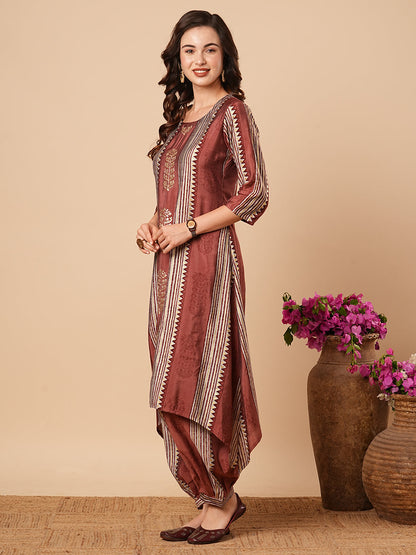 Floral & Stripes Printed zari Embroidered Asymmetric Kurta with Salwar Pants - Rose Gold