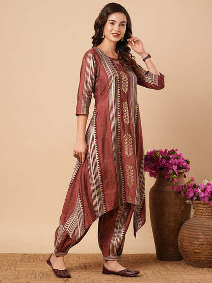 Floral & Stripes Printed zari Embroidered Asymmetric Kurta with Salwar Pants - Rose Gold