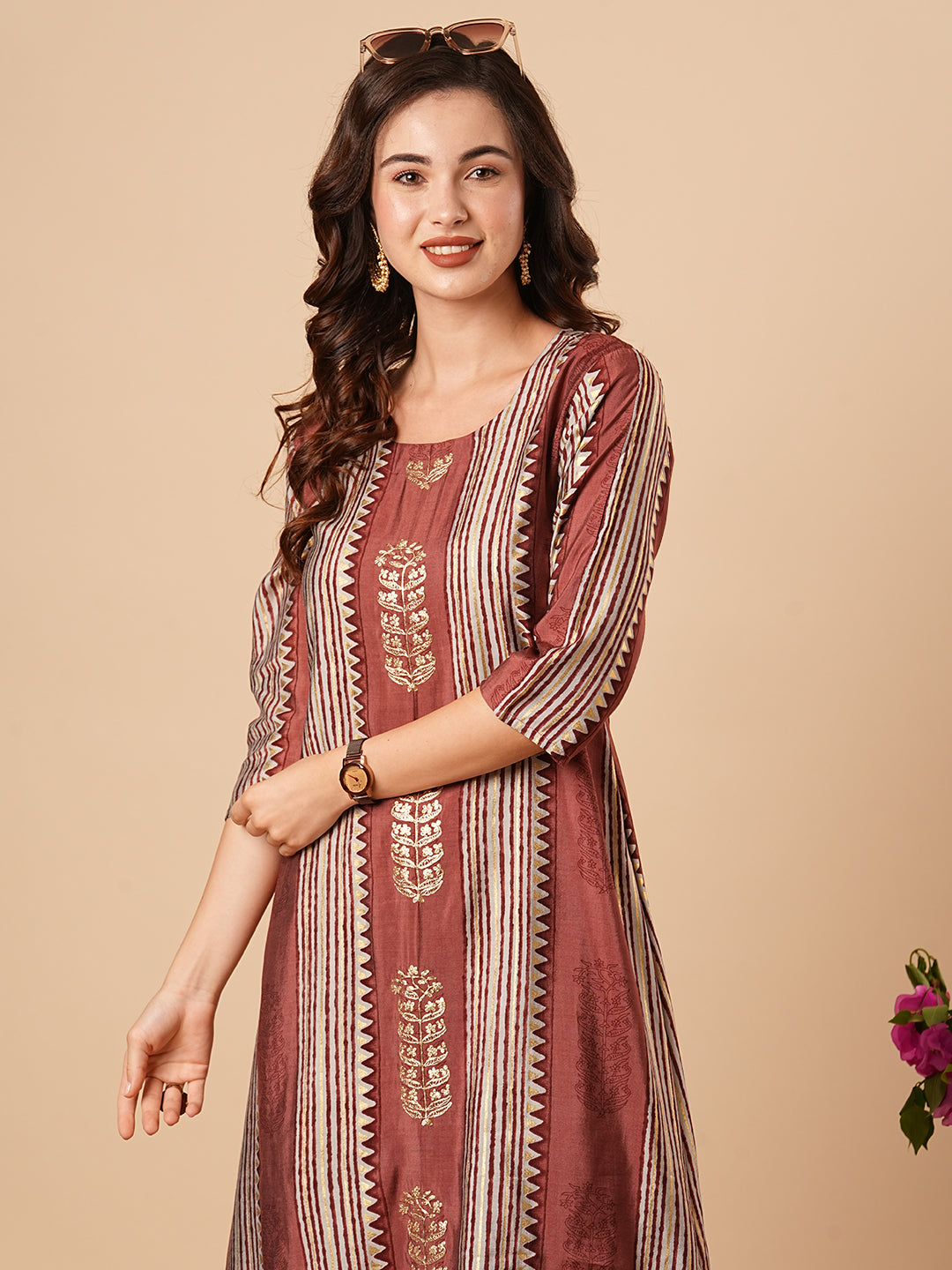 Floral & Stripes Printed zari Embroidered Asymmetric Kurta with Salwar Pants - Rose Gold