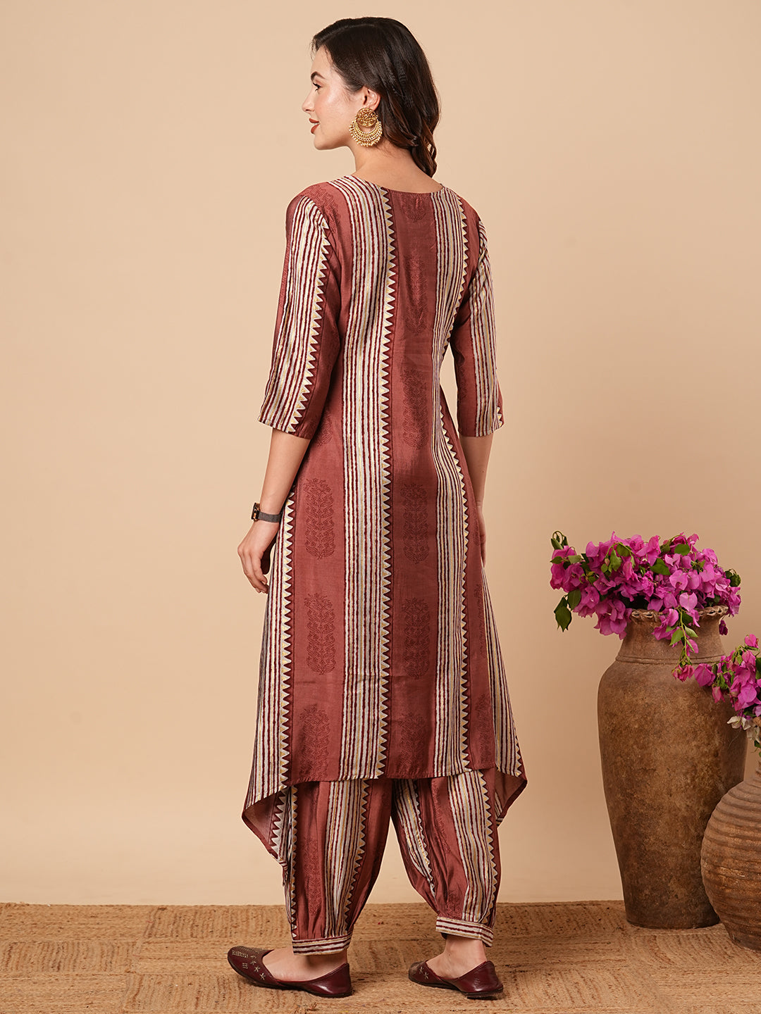 Floral & Stripes Printed zari Embroidered Asymmetric Kurta with Salwar Pants - Rose Gold