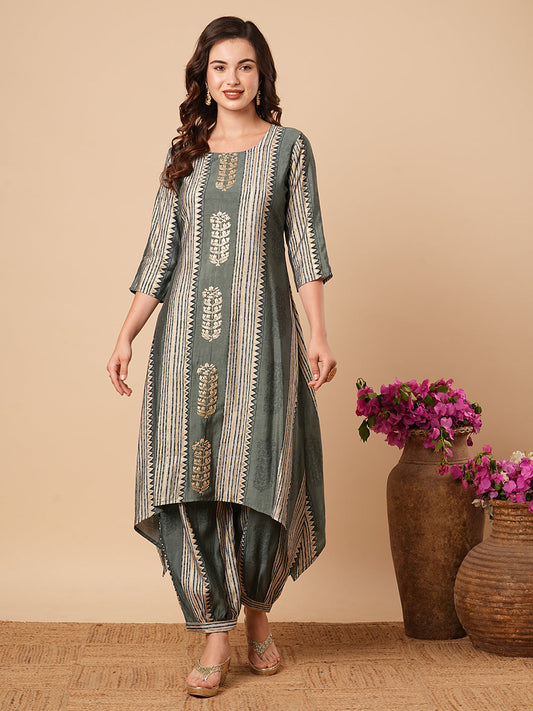 Floral & Stripes Printed zari Embroidered Asymmetric Kurta with Salwar Pants - Slate Green