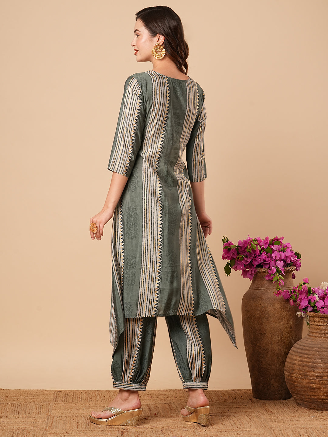 Floral & Stripes Printed zari Embroidered Asymmetric Kurta with Salwar Pants - Slate Green